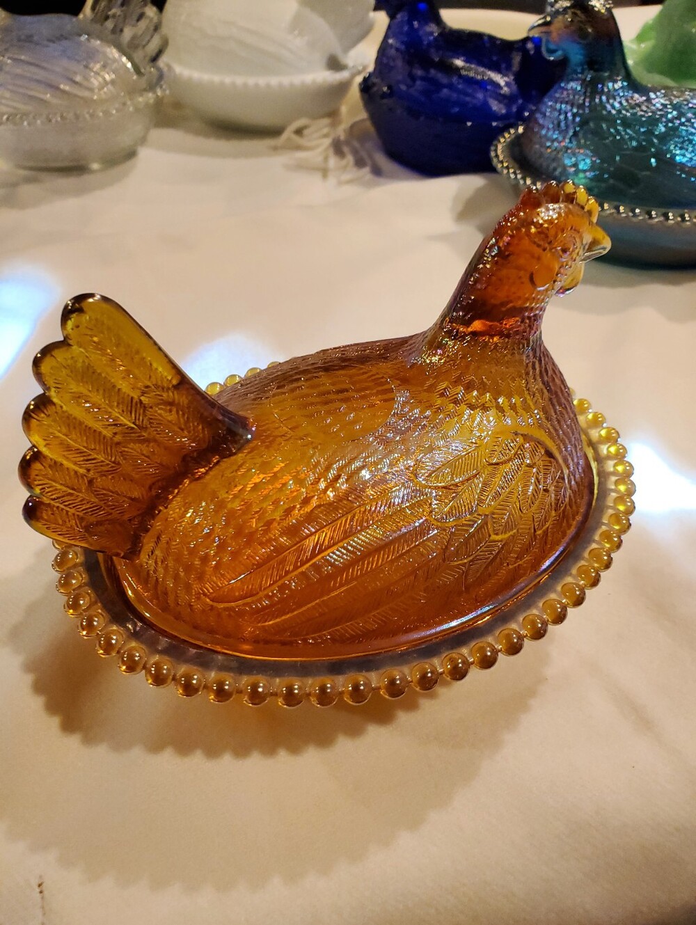 Indiana Glass Beaded Edge Marigold Golden Carnival Hen On Nest Candy - Picture 6 of 10